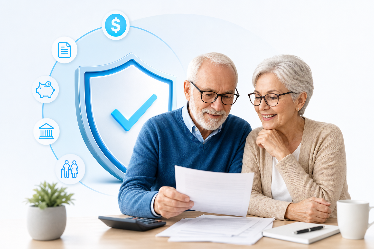 An older couple reviewing IRS documents at a kitchen table with a calculator and reading glasses nearby